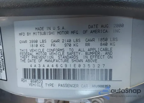 2001 Mitsubishi Galant Es z USA, uszkodzony, nr VIN 4A3AA46G91E035327